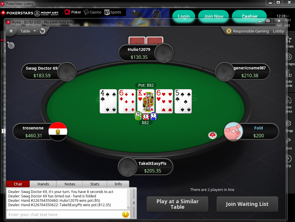 Aksi permainan uang yang hidup di PokerStars PA